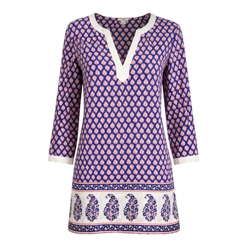 J. Crew Blue Paisley Tunic Top L Boho  V Neck 3/4 Sleeve Summer Blouse